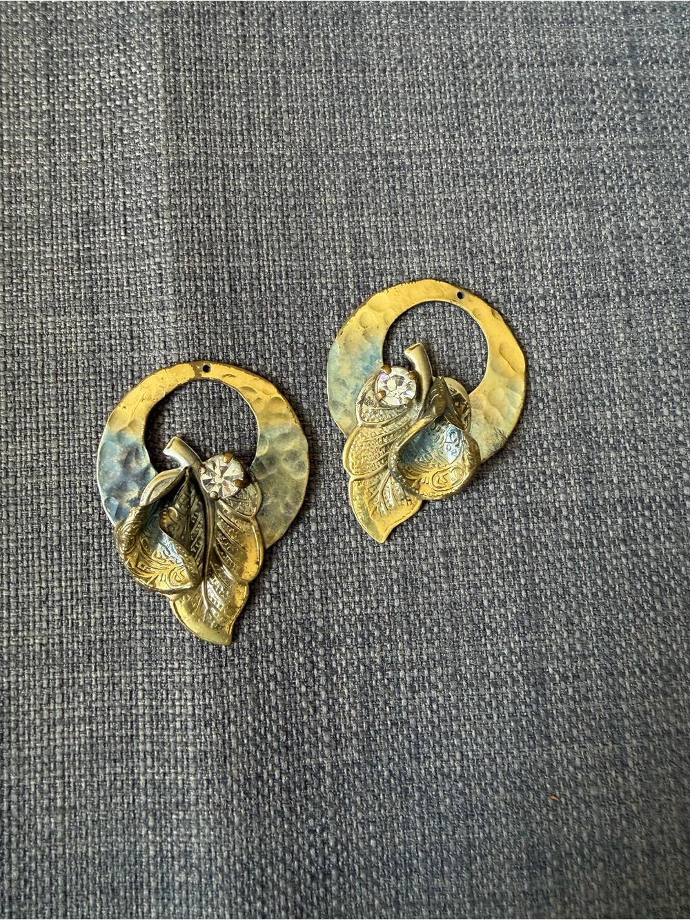 Vintage brass Hoop Earring drops with Crystal Accent no earring attachment